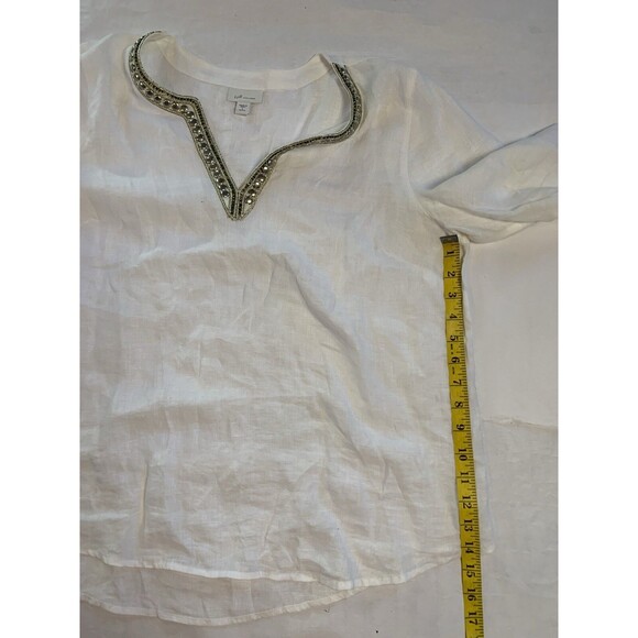 J Jill Love Linen Shirt Womans LP White Linen Tunic Blouse Gold Bead Applique - Picture 6 of 7